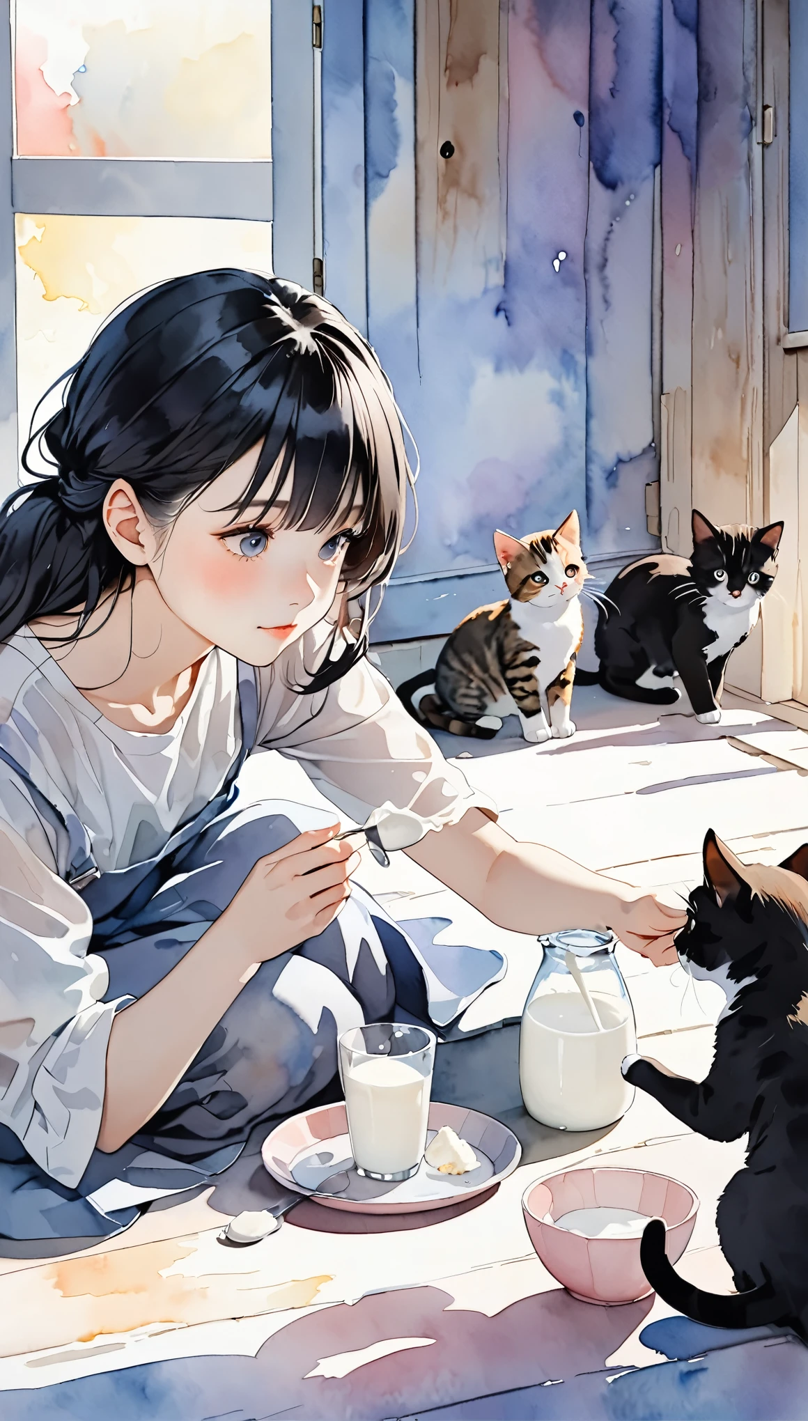 20-year-old,Black Hair Beauty, Cute cat and her kittens, Mother cat feeding her kitten with milk, Watercolor-style, gentle colors,Subtle and dynamic textures, Light and shadow contrast, 2.5D, Super detailed, The absolute solution, Highest quality