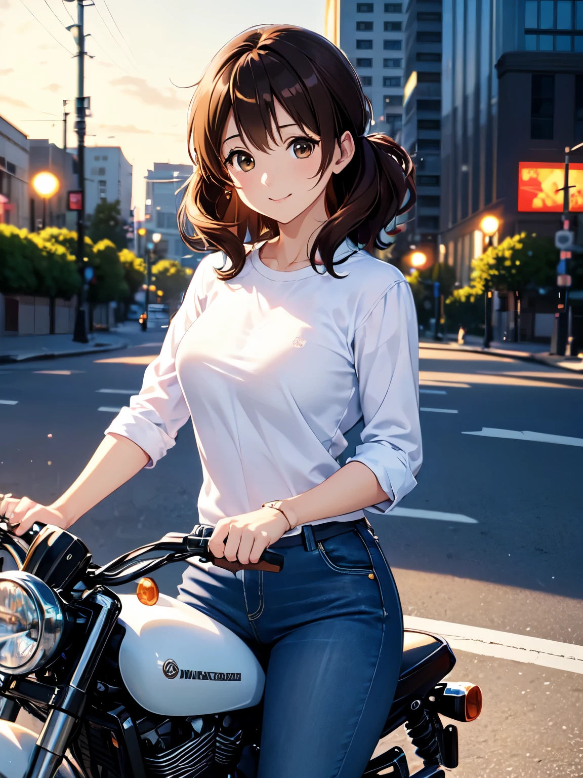 Ultra-precision,masterpiece,(Anime illustration style)、a woman in a white shirt, dark jeans、Riding a motorcycle, Harley-Davidson、I drive a motorcycle、Brown Hair, bangs, Brown eyes, Night in the City, smile、,(Realistic, Clenched hands,Genuine, Genuine的、Realistic:1.2), (Flowing Scenery:1.3),run、Highest quality、 Cowboy Shot
