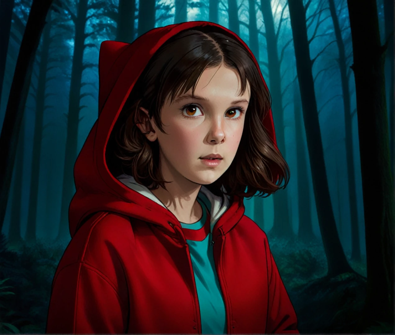 milli3 woman, millie bobby brown, 1 girl wearing red jacket and hood, Netflix, stranger things eleven, in a dark forest, she has elven ear.  front view