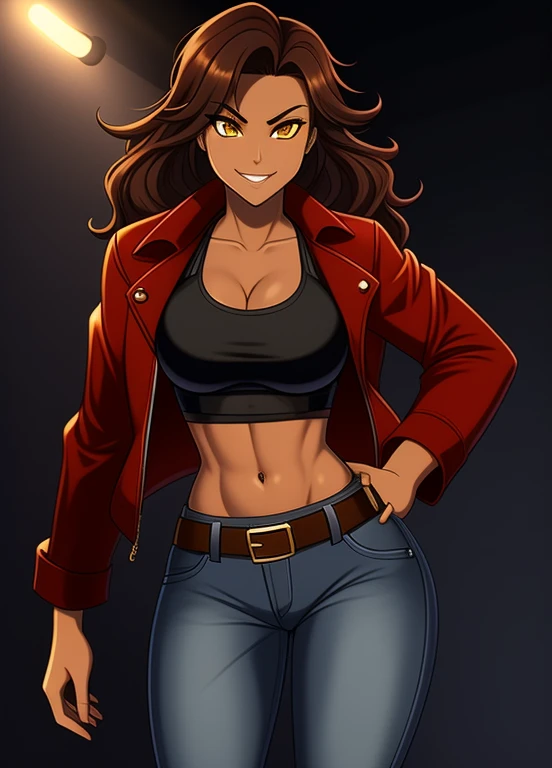 high quality, extremely detailed, perfect face, 1girl, solo, 24yo, tomboy, (shiny skin), midriff, (tan-bronze skin), (Yellow eyes), wavy brown hair, medium breasts, (Cleavage), (Wearing: opened red jacket, black tank-top,(midriff), belt, jeans), tight fitting clothing, piercings, toned, hourglass figure, athletic, snarky expression, wide smile, at rave, nightclub,
