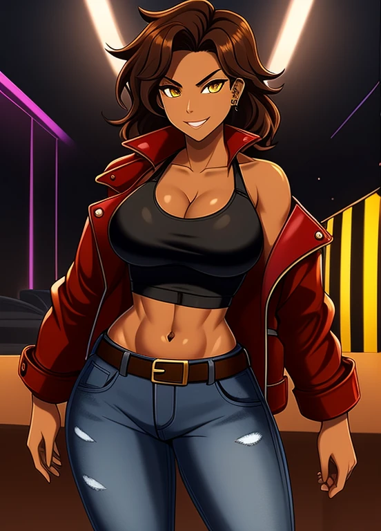 high quality, extremely detailed, perfect face, 1girl, solo, 24yo, tomboy, (shiny skin), midriff, (tan-bronze skin), (Yellow eyes), wavy brown hair, medium breasts, (Cleavage), (Wearing: opened red jacket, black tank-top,(midriff), belt, jeans), tight fitting clothing, piercings, toned, hourglass figure, athletic, snarky expression, wide smile, at rave, nightclub,
