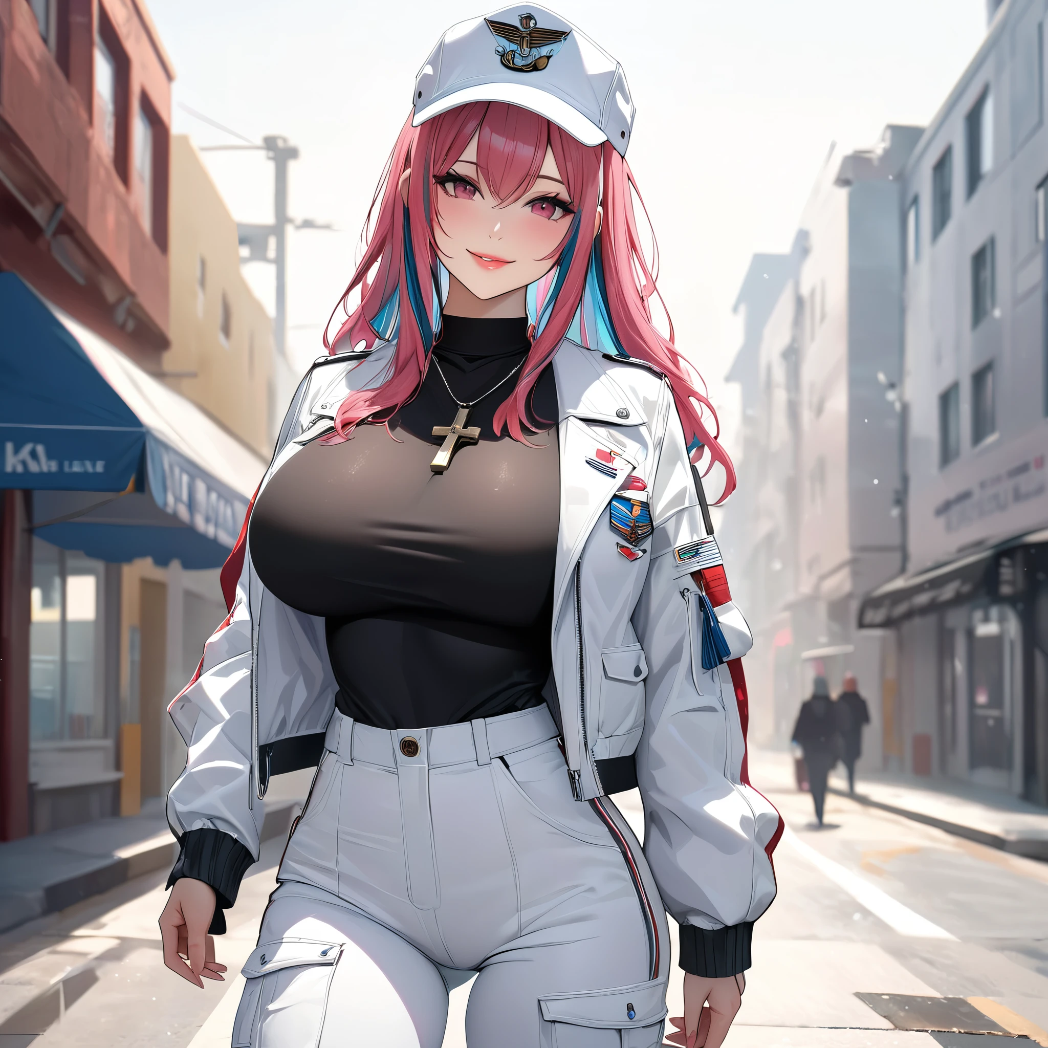 a woman wearing a white leather jacket, black jacket, black shirt, white cargo pants, white sneakers, hot pink hair, gray fringes, multicolored hair, wearing a white cap, wearing a cross necklace around her neck, big breasts, pink eyes , smiling, perfect face, perfect lips, perfect eyes, standing posture, walking on a concrete sidewalk walking on a street, white building with ice blue glass windows, white fog in the background, (Azur_lane, USS_Bremerton)masterpiece, accurate, anatomically correct, textured skin, super detail, high quality, best quality, 8k, high resolution, bokeh effect.(solo woman), close view.
