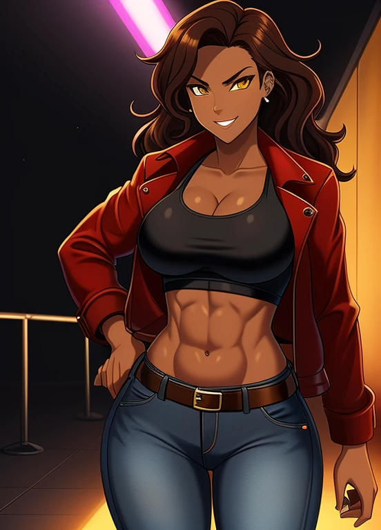 high quality, extremely detailed, perfect face, 1girl, solo, 24yo, tomboy, (shiny skin), midriff, (tan-bronze skin), (Yellow eyes), wavy brown hair, medium breasts, (Cleavage), (Wearing: opened red jacket, black tank-top,(midriff),  piercings, belt, jeans), tight fitting clothing, toned, hourglass figure, athletic, snarky expression, wide smile, at rave, nightclub,
