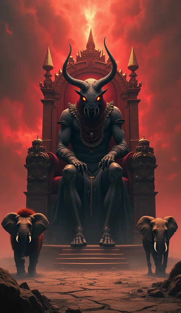 Black devil with two horns sitting on a big wooden chair, mist behind him