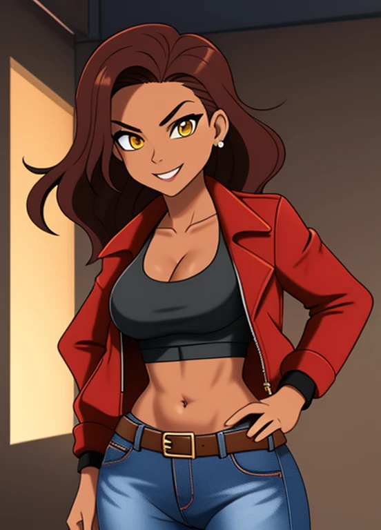 high quality, extremely detailed, perfect face, 1girl, solo, 24yo, tomboy, (shiny skin), midriff, (tan-bronze skin), (Yellow eyes), wavy brown hair, medium breasts, (Cleavage), (Wearing: opened red jacket, black tank-top,(midriff), piercings, belt, jeans), tight fitting clothing, toned, hourglass figure, athletic, snarky expression, wide smile, at rave, nightclub,
