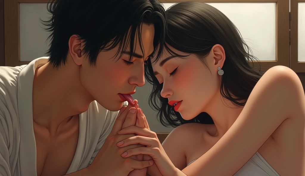 A Japanese girl violently kisses a boy while they are naked and with a big ?????