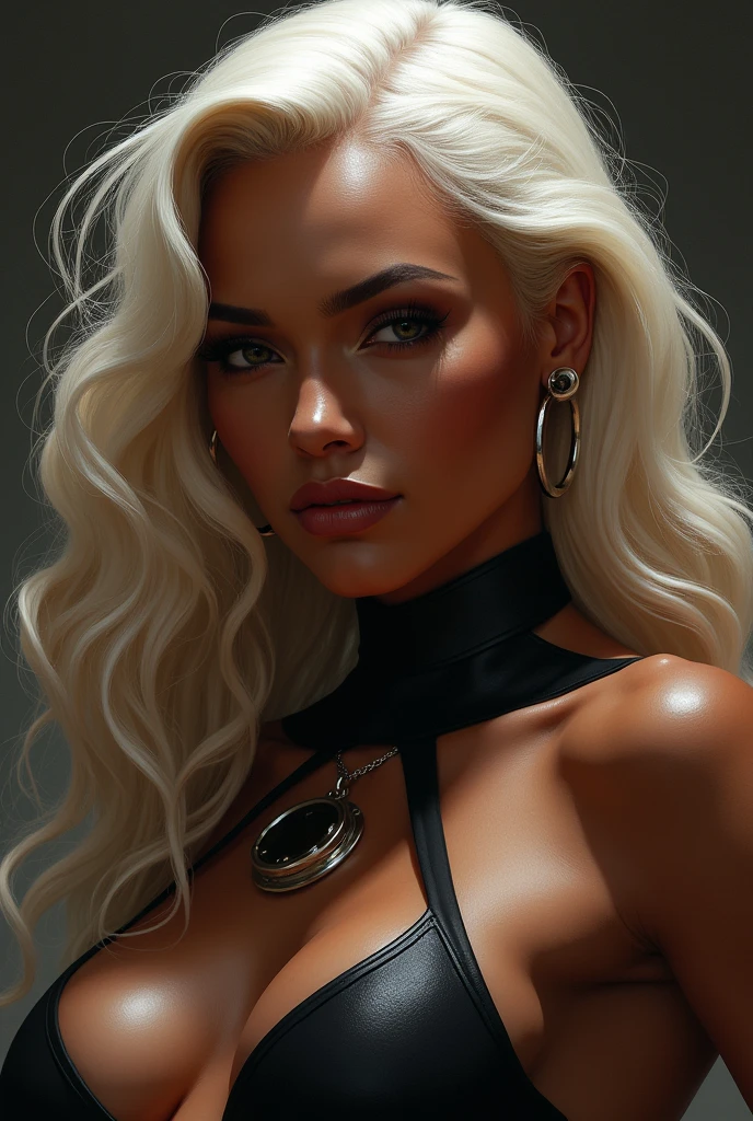 A  with a leash of straight white hair, dark skin, Latin ancestry, purple irises, wearing a black tatical suit with golden threads and wearing golden earrings shaped like snakes. Detailed eyes, detailed face, intricate grunge outfits, cinematic lighting, realistic concept art of strong backlighting.