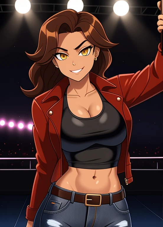 high quality, extremely detailed, perfect face, 1girl, solo, 24yo, tomboy, (shiny skin), midriff, (tan-bronze skin), (Yellow eyes), wavy brown hair, medium breasts, (Cleavage), (Wearing: opened red jacket, black tank-top,(midriff), piercings, belt, jeans), tight fitting clothing, toned, hourglass figure, athletic, snarky expression, wide smile, at rave, nightclub,
