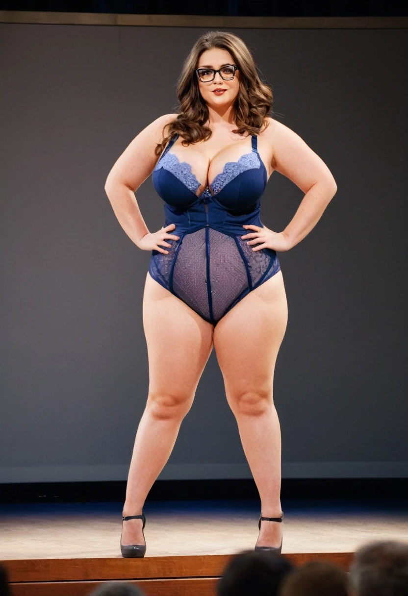 Anne Hathaway ssbbw, thick thighs , (((cellulite))), black thong ,standing on stage ,