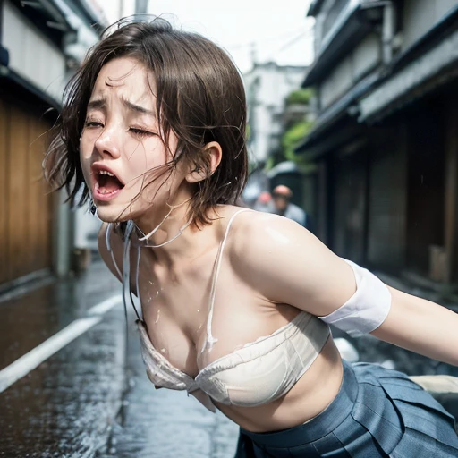 (japanese woman is resisting molestation:1.7),(a man is sucking her nipples:1.4),(a man is sucking her breasts:1.4),(a man is biting her nipples:1.4),gangbang,(crying:1.5),(open mouth:1.4),(tear:1.5),(small nipples:1.6),(pale light colored nipples:1.7),(white skin:1.7),(brown hair, messy short hair:1.5),(motion blur effect:1.1),(dynamic motion:1.7),(anatomically correct:1.1),(detailed stface:1.8),(perfect anatomy:1.1),Highest quality,(Realistic:1.5),Masterpiece,Ultra high definition,(wearing blue pleated skirt,white bras:1.3),On the asphalt of a back alley in Tokyo on a rainy mid night,