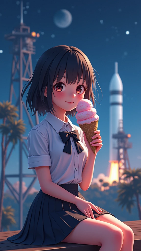 Anime girl running on the moon with a burger and a rabbit, Surprised expression,Official artwork, The Earth is visible in front of me, Space shuttle flying, 80s anime style,Anime Wallpaper, Galactic Japan, Anime Food, Anime Background, High quality anime art style, Lo-fi Girl, 4K Manga Wallpapers, hd Anime Wallpaper, Lofi Art, anime art wallpaper 4k