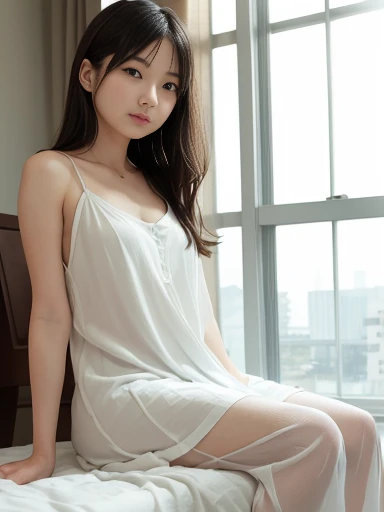 NSFW, Long straight one girl (silver hair blue eyes), Beautiful, Thin, Flat, tall, ((Wearing a white sheer dress)), People with long hair, The other with a short woman, ((White sheer blouse, No black miniskirt)), ((Red sheer underwear bites)), Sexy Pose, Lower body slender, Back Figure, gaze by the window, butt sticks out, ((Fours)), Buttocks facing away, Provocative