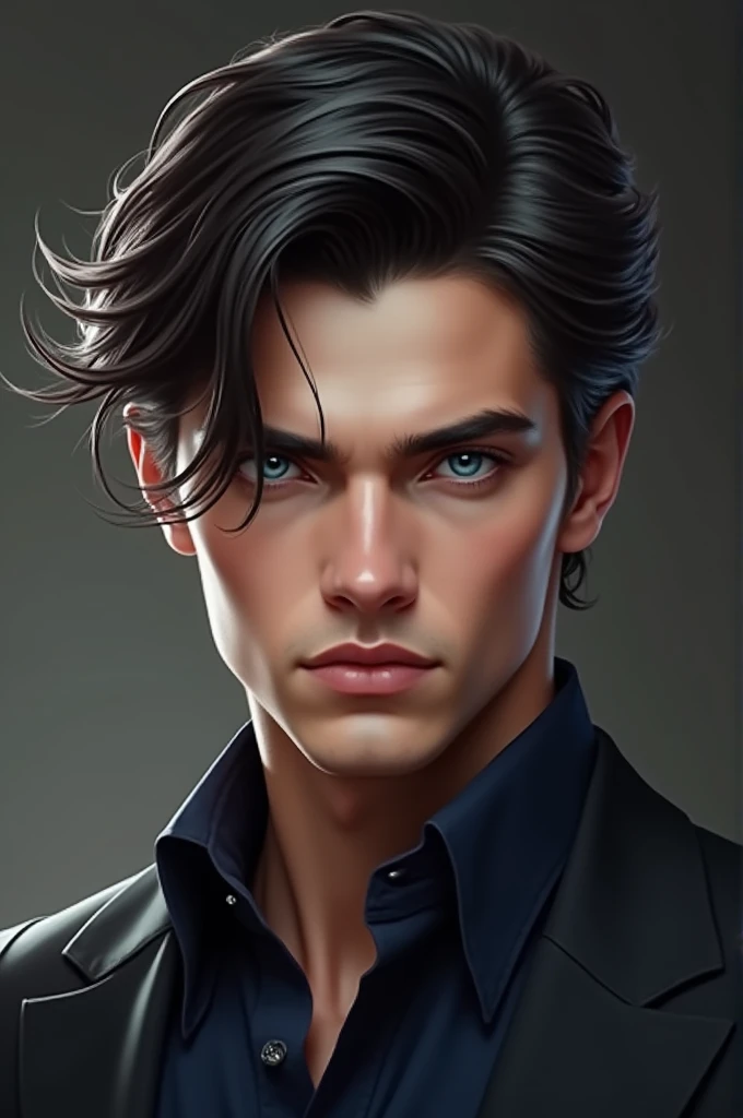Sharp features, young man, blue eyes, black hair, medium length - SeaArt AI
