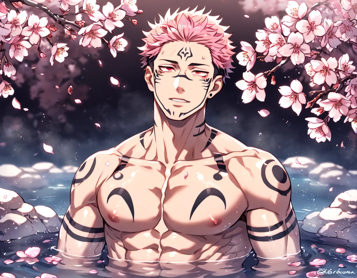 (masterpiece, best quality:1.2), jujutsu kaisen style, SukunaYuuji, sukunatattoo, (1boy, solo), (Japanese monk's working clothes:1.2), (pink short hair, spiked hair), (glowing red eyes:1.1), (sitting on the water surface, oriental YOGA meditation), falling lotus flowers