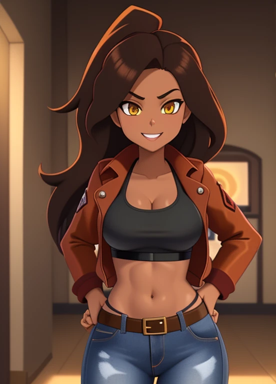 high quality, extremely detailed, perfect face, 1girl, solo, 24yo, tomboy, (shiny skin), midriff, (tan-bronze skin), (Yellow eyes), wavy brown hair, medium breasts, (Cleavage), (Wearing: opened red jacket, black tank-top,(midriff), piercings, belt, jeans), tight fitting clothing, toned, hourglass figure, athletic, snarky expression, wide smile, at rave, nightclub,
