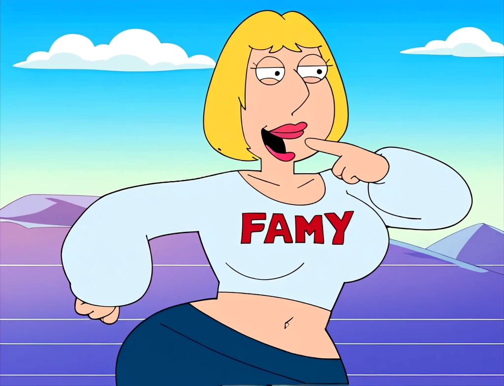 mature woman face, (0pen, tongue out, mouth open:1.1), (from above:1), huge breasts, shirt, jeans, ruined, ruined makeup,