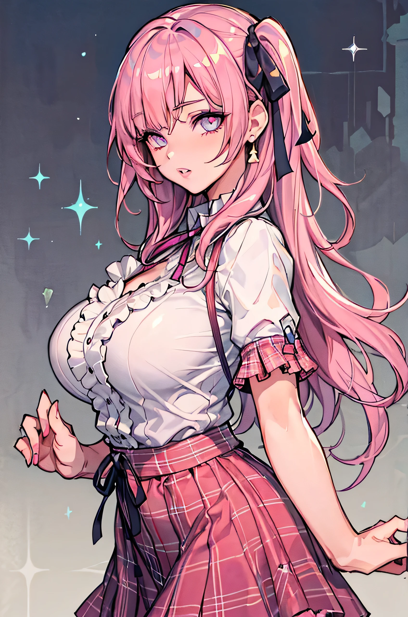 High resolution, distinct, clear, detailed face, detailed eyes, Beautiful woman, Sparkly eyes, false eyelashes, pink lips, big breasts, upper arm, Thumb and four fingers, anatomically correct fingers, detailed description, shiny skin, tiger girl, tiger ears, tiger tail, Casual coordination, skirt, hide your hands behind your head,