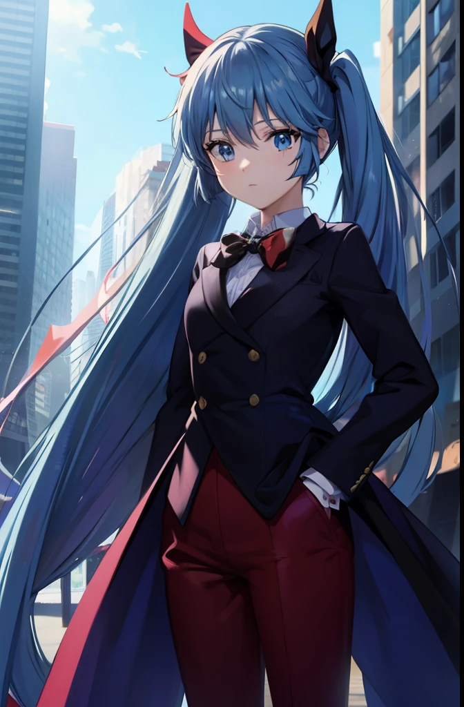 Light blue long hair、Beautiful twin-tailed phantom thief、Slatted body shape、Red pantsuit、In the city of skyscrapers