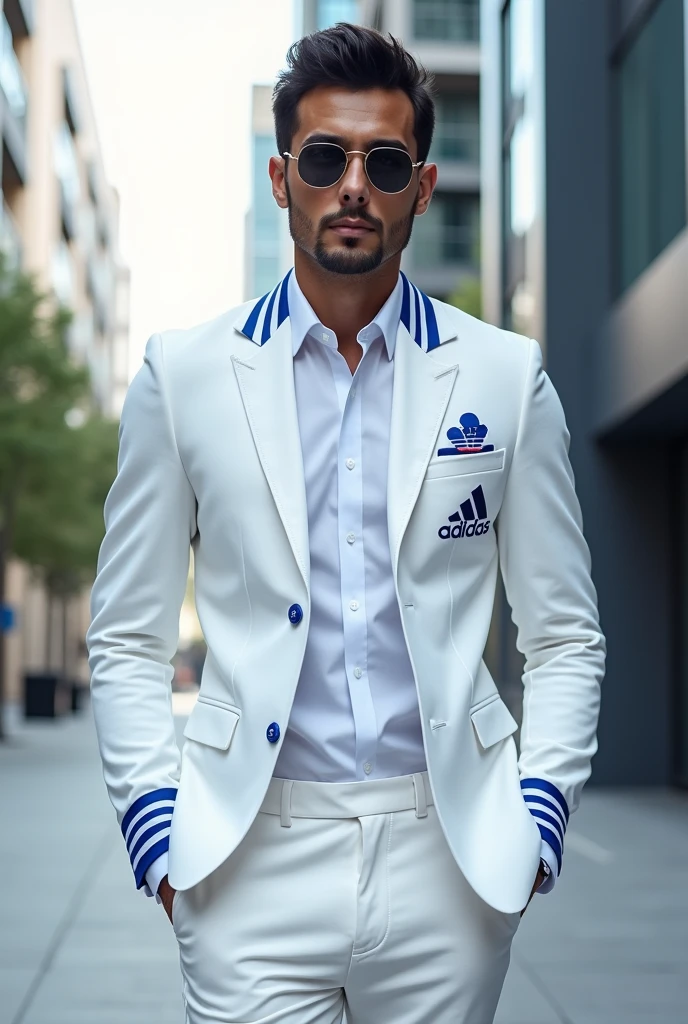 20 year old athletic man from samoa, black hair, beard, wearing white business suit, at football stadium