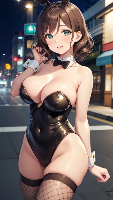 nozomitoujou, Nozomi-san always, Green Eyes, Brown Hair, Short Curly Hair, Large Breasts, masterpiece, Highest quality, High resolution, Beautiful attention to detail, Highly detailed face, Good lighting, Detailed CG, Messy Hair, Glossy Lips, City Street, night, Neon Light, Bunny girl, strapless leotard, Bunny ears, Detachable collar, Wrist cuff, Fishnet tights, Bright smile