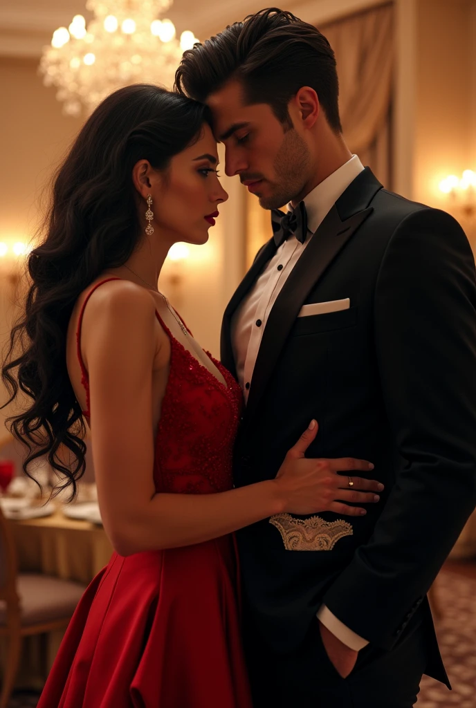 A couple of 21 and 25 years old, dancing and kissing. Red evening dress for women. The lady has brown hair and eyes and light skin, the man has black hair and brown eyes and light skin.