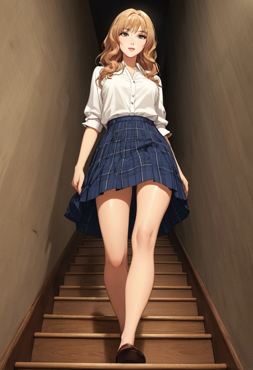 2d anime, detailed illustration, dynamic angle, ultra-detailed, illustration, 1girl, mature face, white blouse, blue plaid skirt, black silk stockings, (long wavy light strawberry blonde hair: 1.5), detailed blue eyes, walking down wooden stairs into a large dark basement, hand on wooden railing, tall, big plump thighs rubbing together, narrow waist, (a young Monica Bellucci face: 1.5), POV from below looking up as she descends the stairs,