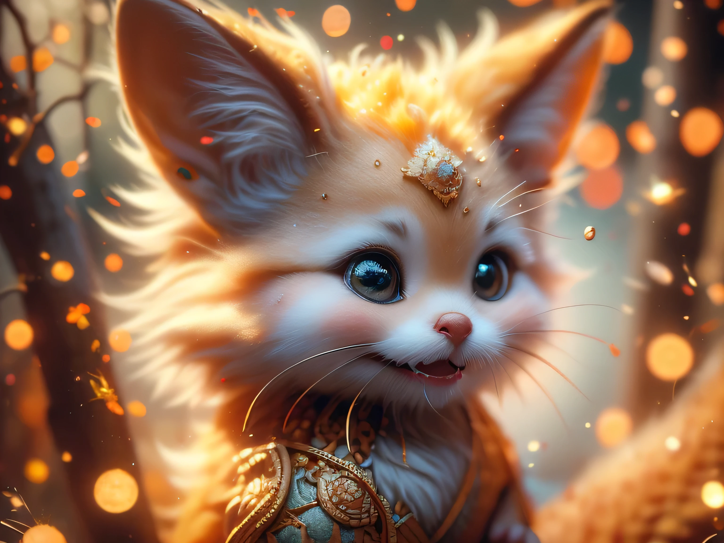 Magical Fantasy Creature, (best quality, masterpiece, Representative work, official art, Professional, Ultra high detail, 8k:1.3) super cute, big-eyed, with a soft, gentle nose, fluffy, smiling with two teeth, fennec fox on a natural background, realistic, beautiful, sparkles, stars in the eyes, soft volumetric light, (backlight:1.3), (cinematic:1.2), intricate details, (ArtStation:1.3), Rutkowski --auto --s2