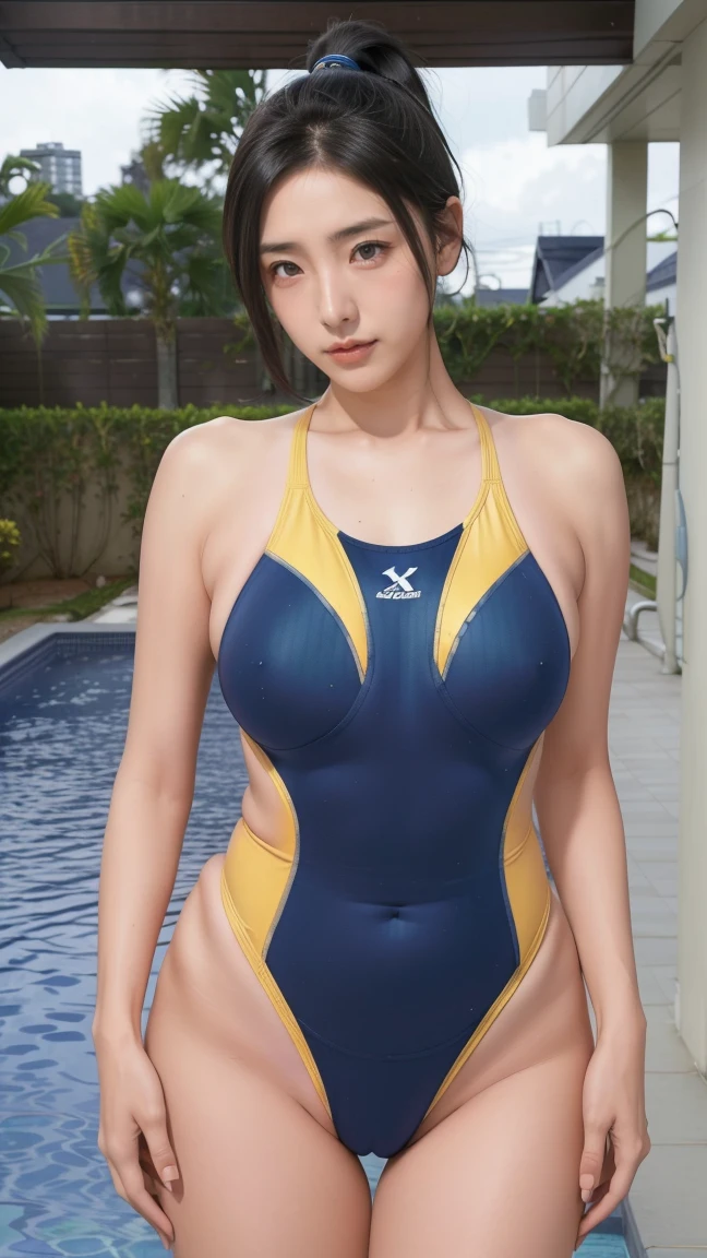 Highest quality, Official Art, masterpiece, Fabric Shading, High resolution, Very detailed, colorful, Indoor swimming pool, Best details, (Adult,30 years old, Mature Woman, conversion:1.5, Female dog, short hair, Black Hair, ponytail、Clear, beautiful eyes、Tired Hair, Green swimsuit:1.5, Center of chest, Puffy nipples:1.3, skinny:1.5, Camel Toe:1.5, Public indecency:1.5, Beach:1.5, derogatory, people々々々Surrounded by:1.5 ,smile,Oda Non style,