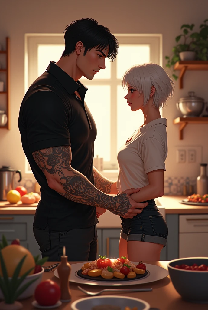 A couple fighting in the kitchen, The tall man has straight hair, and strong physique with a black shirt standing leaning against the kitchen sink he was holding a glass cup with a drink inside, and the woman in front of him, the woman has very short white hair, light brown skin and violet eyes, dressed in a tank top, white