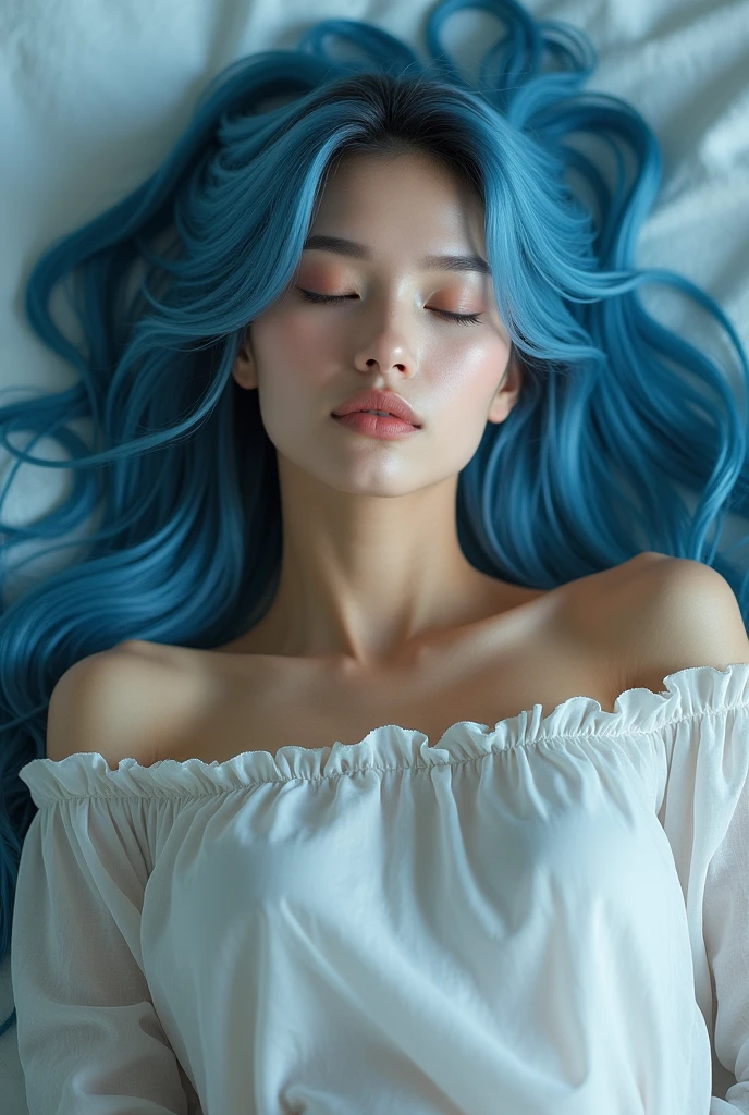 20 year old girl, sexy model, blue theme, long hair, high contrast (Natural skin texture, Hyperrealism, Soft Light, sharp), portrait, standing, kpop