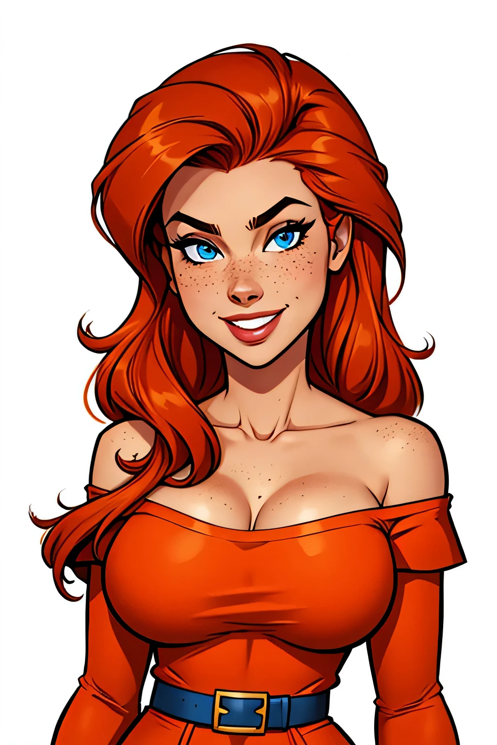 Thin woman, age 25, 4K (High definition), mysterious smile, seducing gaze, eyes browns, wearing a red dress with a boat neck (with golden buttons) and short sleeves, arms positioned at the side of the body, Caucasian skin, shoulder-length red hair, upper body slightly leaning forward (hands resting on a table), full of curves with freckles on her chest and neck, round breasts. High-quality Marvel style, white background.