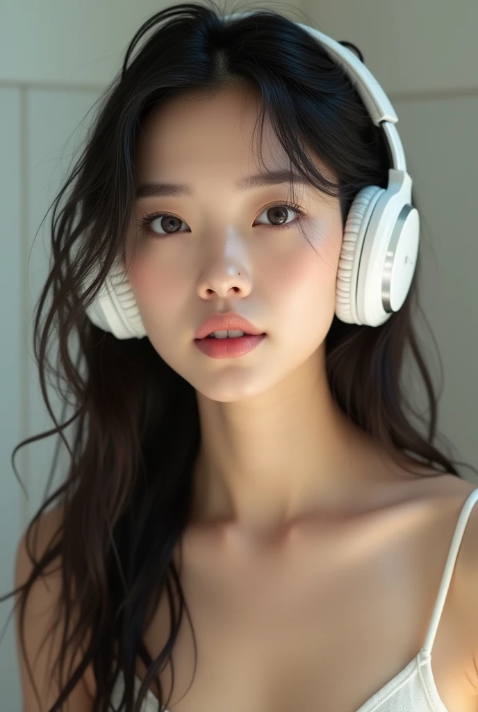 Best quality, masterpiece, super high resolution, (realistic: 1.4), original photo, head photo, skin, simple background, black eyes, detail, selfie, 1 girl, headphones, wheat field, stretch body, enjoy