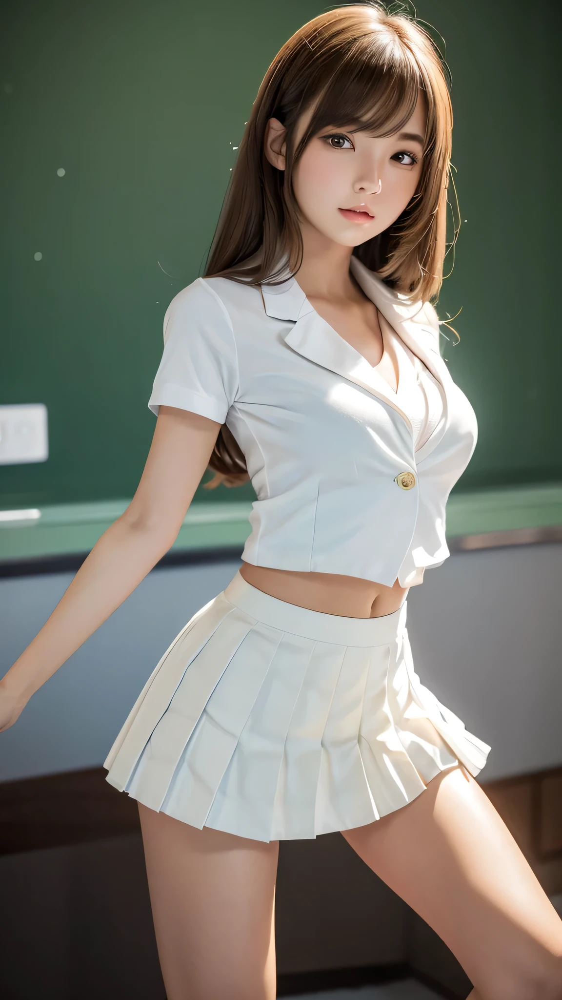 Product quality,1 girl,(Shooting from below:1.4),(Thigh Emphasis:1.4),Young and pretty girl in Japan,Daytime, (High school classroom:1.2),(Short sleeve shirt:1.3),(Schoolgirl uniform:1.3),(blazer:1.3), (White ultra short pleated mini skirt:1.5),(No pants:1.3),Very cute face,Glossy Lips,Beautiful big eyes,Brown eyes,Double eyelids on both eyes,(Natural Makeup),shiny smooth light brown long hair,,,Asymmetrical bangs,Floating Hair NovaFrog Style,Center image,8k resolution,Attention to detail,Detailed hairstyle,Detailed face,Cinema Lighting,Octane Rendering,Ultra-realistic,Perfect limbs,Beautiful legs,Voluptuous thighs,Huge breasts,Perfect Anatomy,Spread your legs,(Provocative dynamic pose:1.3)