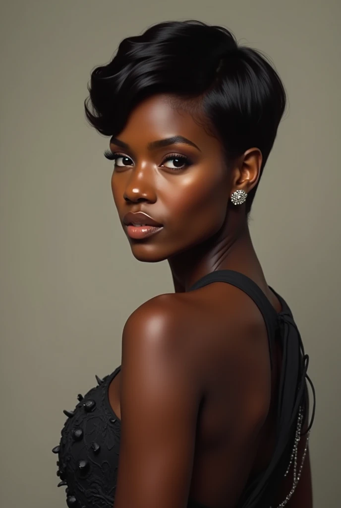 Masterpiece, Realistic, Best Quality, beautiful young ebony woman, 22 years, beautiful+attractive+(symmetric)+(cute)+(lovely)+(feminine), very beautiful young ebony woman, Lupita Nyongo:0.2, small forehead, dark skin:1.8, black hair, long hair, straight hair, brown eyes, brown almond eyes, round face, ((most beauitful small nose)),(nose-bridge:1.1), nostrils:0.8, red lipstick, ((feminine curves)), curvy body, most beautiful woman in the world,(in love+friendly expression), (looking_at_viewer), smiling, beautiful smile, headshot, wearing a feminine shirt, photoshoot with blurred windows