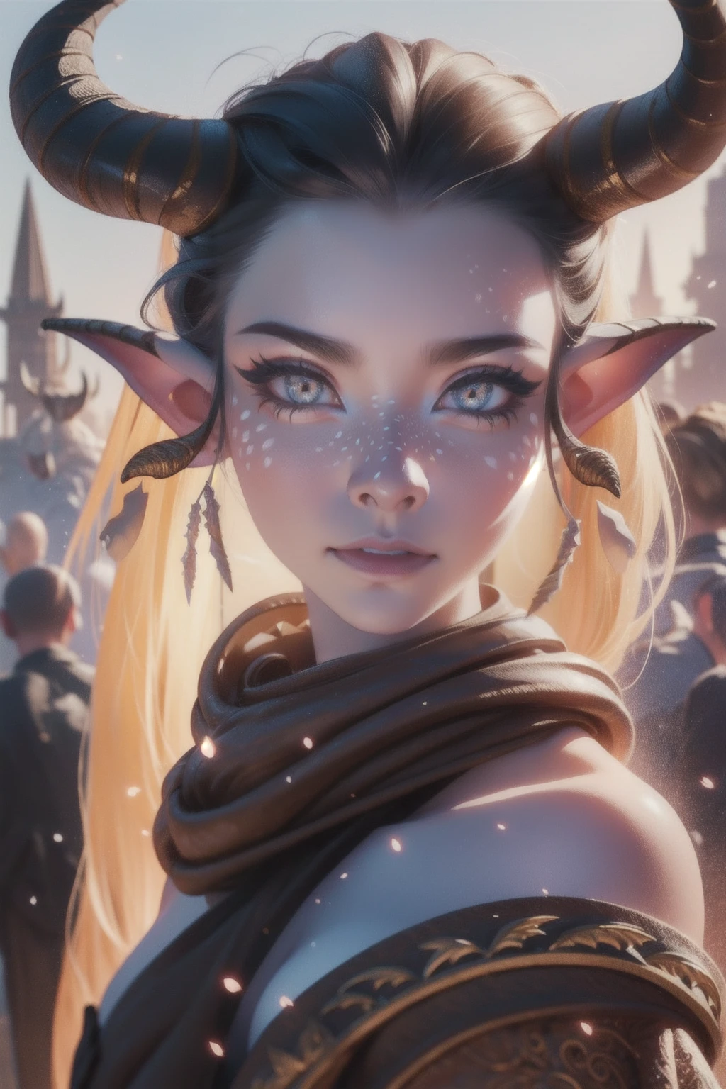 masterpiece, best quality, high quality, woman, faunmakeup, makeup, white spots, horns, pointy ears, dark upper lip, extremely detailed face, intricate details, beautiful detailed eyes, beautiful detailed lips, ethereal, mystical, surreal, fantasy, portrait, glowing skin, dramatic lighting, cinematic, 8k, photorealistic