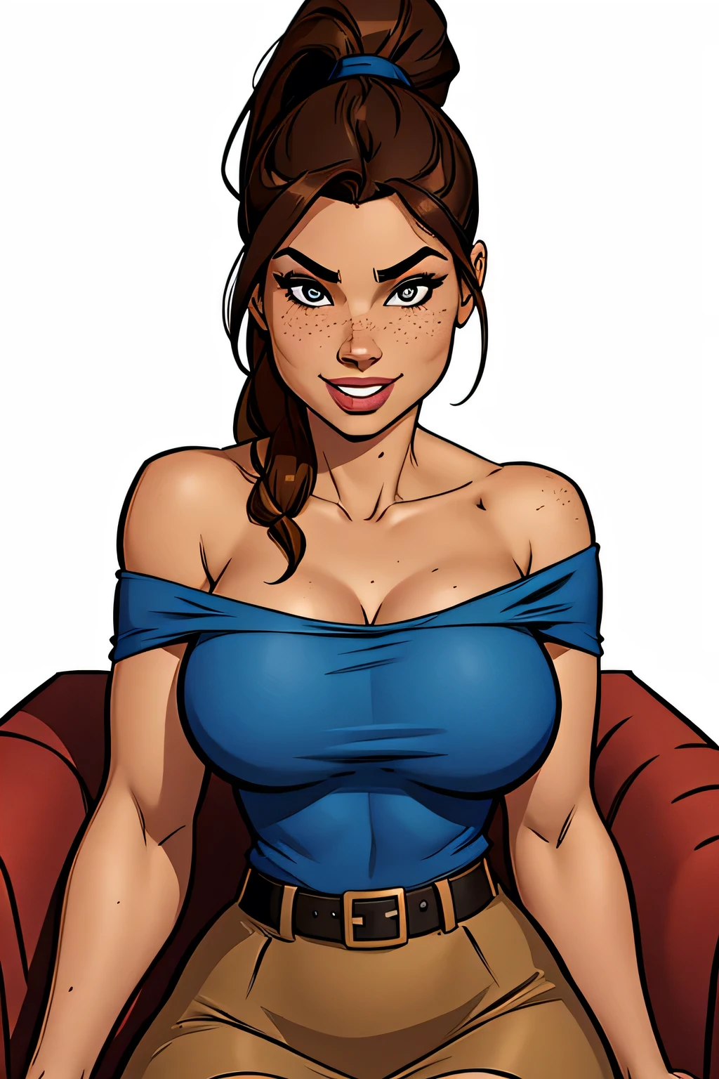 Slim athletic woman (Lara Croft), age 25, 8k (High definition), beautiful smiling, seducing gaze, eyes browns, wearing a blue t-shirt ((off-the-shoulder neckline)), black belt with a beige schoolgirl skirt, brunette skin, long straight brown hair ((with ponytail)), sitting in an armchair ((upper body)), curvy with freckles on her chest and neck, big round breasts. High-quality Marvel style, white background.