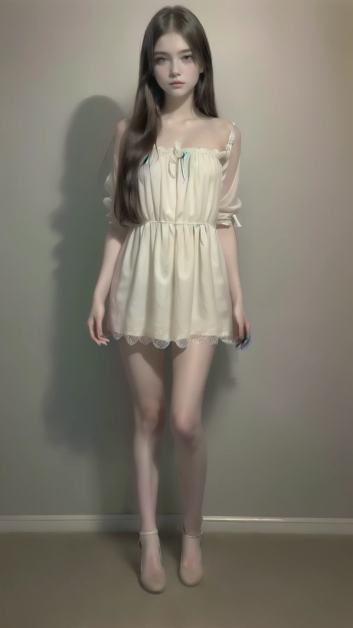 a woman in a white dress standing on a road in the fog, ghost of a young girl, young pale ghost, eerie person, beautiful with strange vibrations, haunting a beautiful young woman, mysterious and scary spiritual image, haunted and sad expression, chilling horror atmosphere, an ethereal image, eerie looking, strange vibrations, mysterious suspense aesthetics!!!!, Misterious girl, (tan, petite, child, , sd character:1.1), Detailed eyes, detailed face, PERSEPHONE, ((best qualityer)), ((work of art)), (detailded), face perfect, (SFW:1.5), (full body:1.8), (upper body up:0.3), (hyper realistic:1.4), (realistic:1.3), (best quality real texture skin), Detailed eyes" "detailed face, Ghost girl
