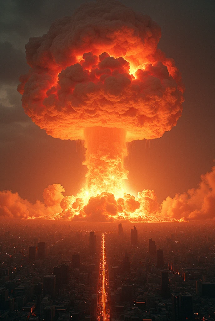 "A devastating explosion over Hiroshima, 1945. A massive mushroom cloud rises above the city, with a blinding flash of light at the center. The cityscape is being torn apart by the shockwave, buildings collapsing, and debris flying through the air. The scene is chaotic, with intense heat and destruction engulfing everything."