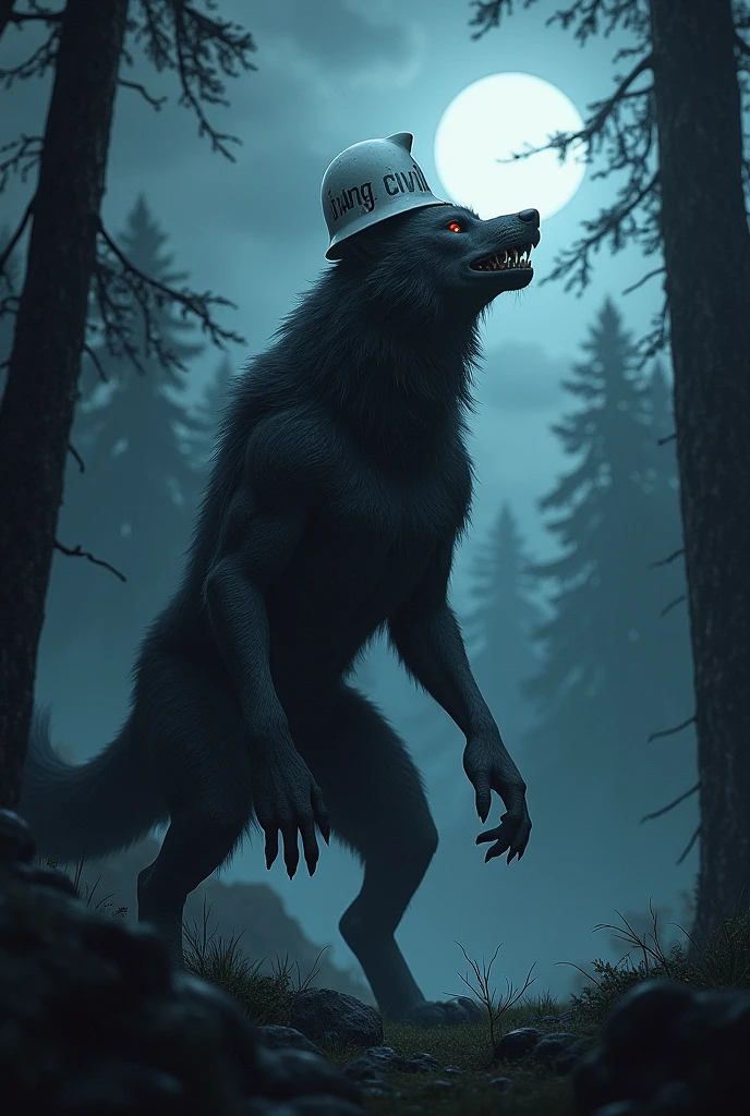 Posing, Male, 30 years old, (howling at the moon:1.8), (black leather jacket:1.8, anthro, wolf ears, (black fur:1.5), wolf, forest background at night, 8k, hi res, (best quality, masterpiece), red glowing eyes, (wolf tail:1.5), detailed fur, realistic, blue jeans