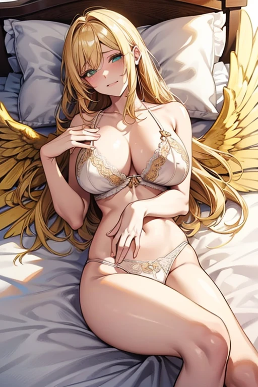 yellow hair, mint eyes, ((white lingerie)), missionary_position, sexy, bed, large breast, consensual_sex,breasts milk, cum in pussy, laugh,masterpiece, best quality, in detail,cute (huge breasts), (split), whole body,nipple, ,humiliation, gold Angel Wings