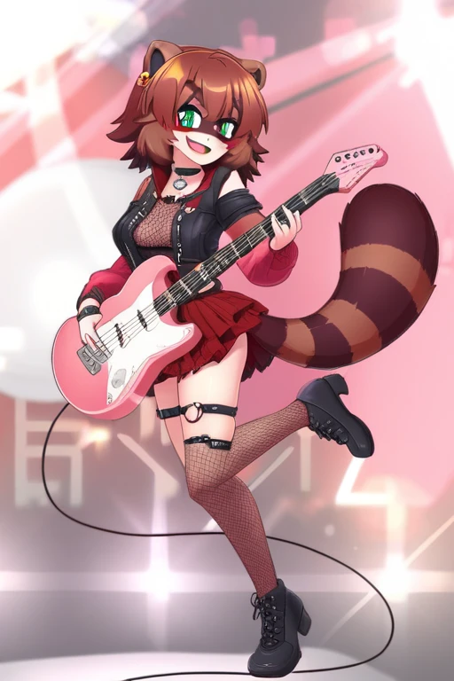 boy, squirrel, furry, bodyfur, tail, collar, bra, bottomless, gloves, boots, chibi, sparkling eyes, idol, hair bow, happy, full body, penis, testicles, play the guitar, singing