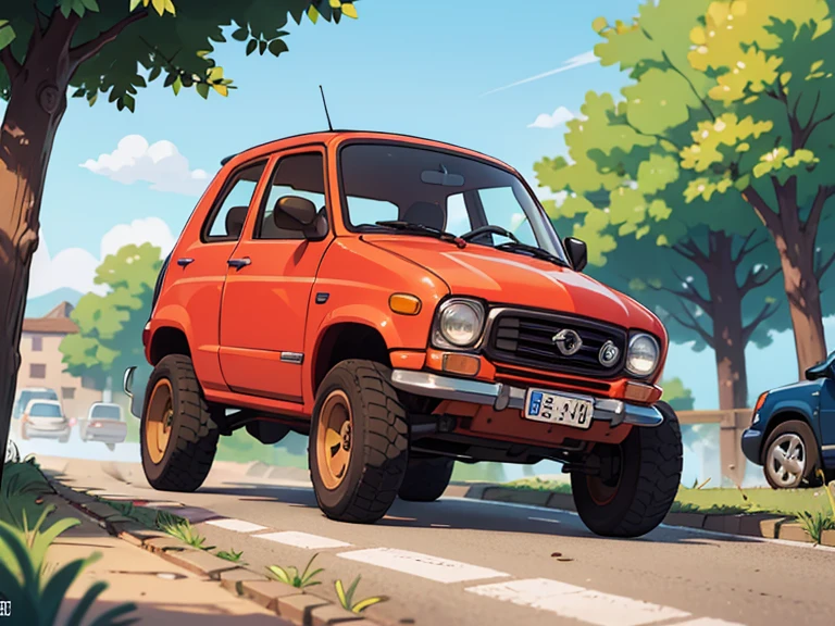 Octane Rendering、(Hyper Detail: 1.2)、(Soft Light、sharp: 1.2)、morning、countryside、A very small old red modified minicar，Front spoiler，Rear wing，Over fender，Sports Muffler，Very short dress、Cute young girl，Driving a car，Dynamic Driving Experience，street，countrysideのライフスタイル，Fast and Agile，Nimble handling，Do a four-wheel drift，sneakers，Anatomically correct，Laughter，Dazzling Light，It will happen:1.2，Tamiya box art:1.2，