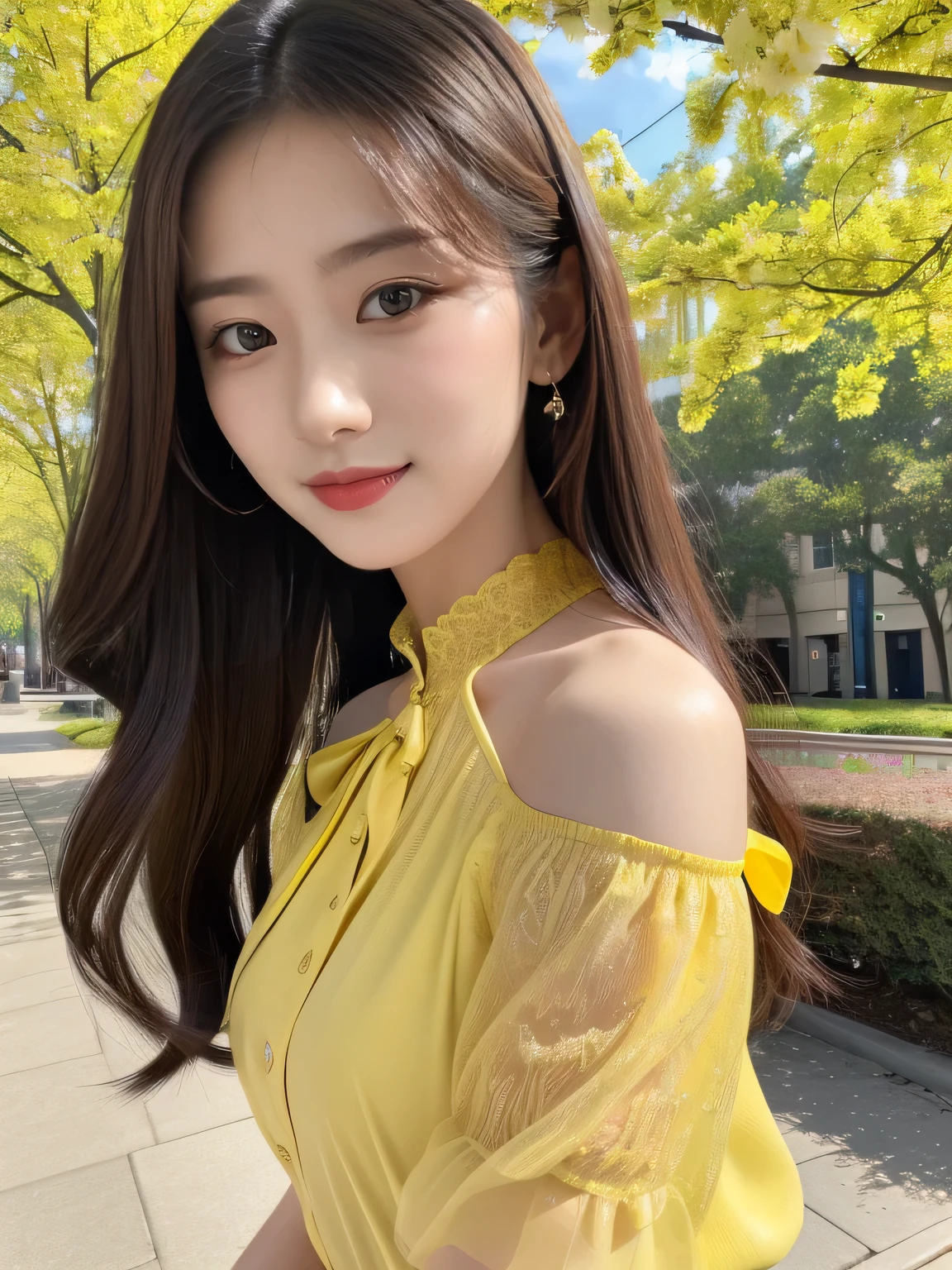 Walk the streets of the city,One lady、 Bandeau Dress, Wearing long gorgeous clothes, wearing a long dress with a yellow floral pattern, shopping, In the city, highly detailed beautiful girl, Highly detailed face, Highly detailed eyes, highly detailedskin, extremely detailed fingers, highly detailed nose, very detailed detailed mouth