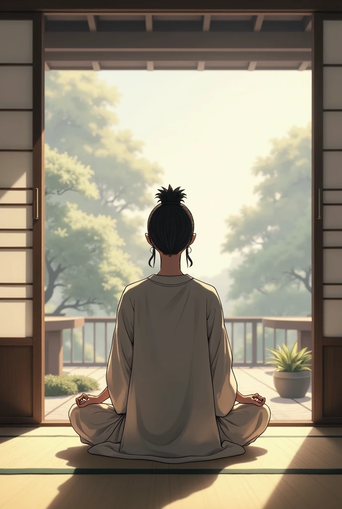 The protagonist is seen meditating on a yoga mat, eyes closed, surrounded by a calm and serene atmosphere. A small Buddha statue is in the background.