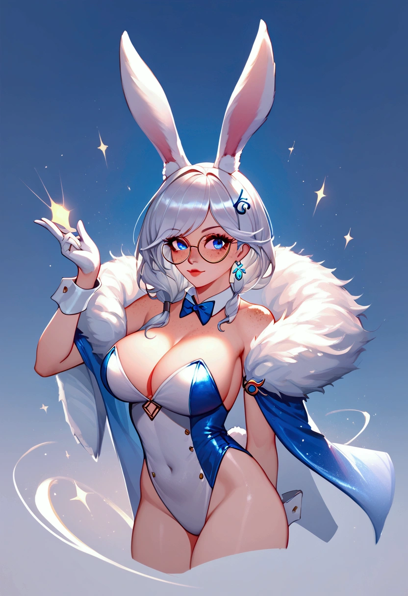 score_9, score_8_up, score_7_up, Aurora (league of legends), 1 girl, silver hair, round glasses, freckles, bunny ears, sexy, blue eyes, full body, earrings, long eyelashes, sexy, big bust, beautiful face, St Louis (Azur Lane) cosplay