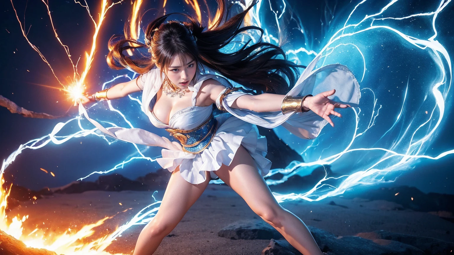 ((Highest quality、8k、masterpiece:1.3))、Realistic, Sharp focus, High resolution, High resolution,  alone, Full body photography、Japanese, Beautiful woman,Goddess Dress、Release of power、Bursting energy、thunder、kamehameha