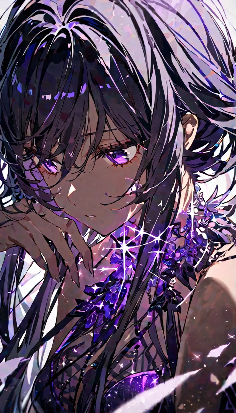 Dark skinned anime girl, long black hair, seductive purple eyes, ethereal purple sparkle dress, half body