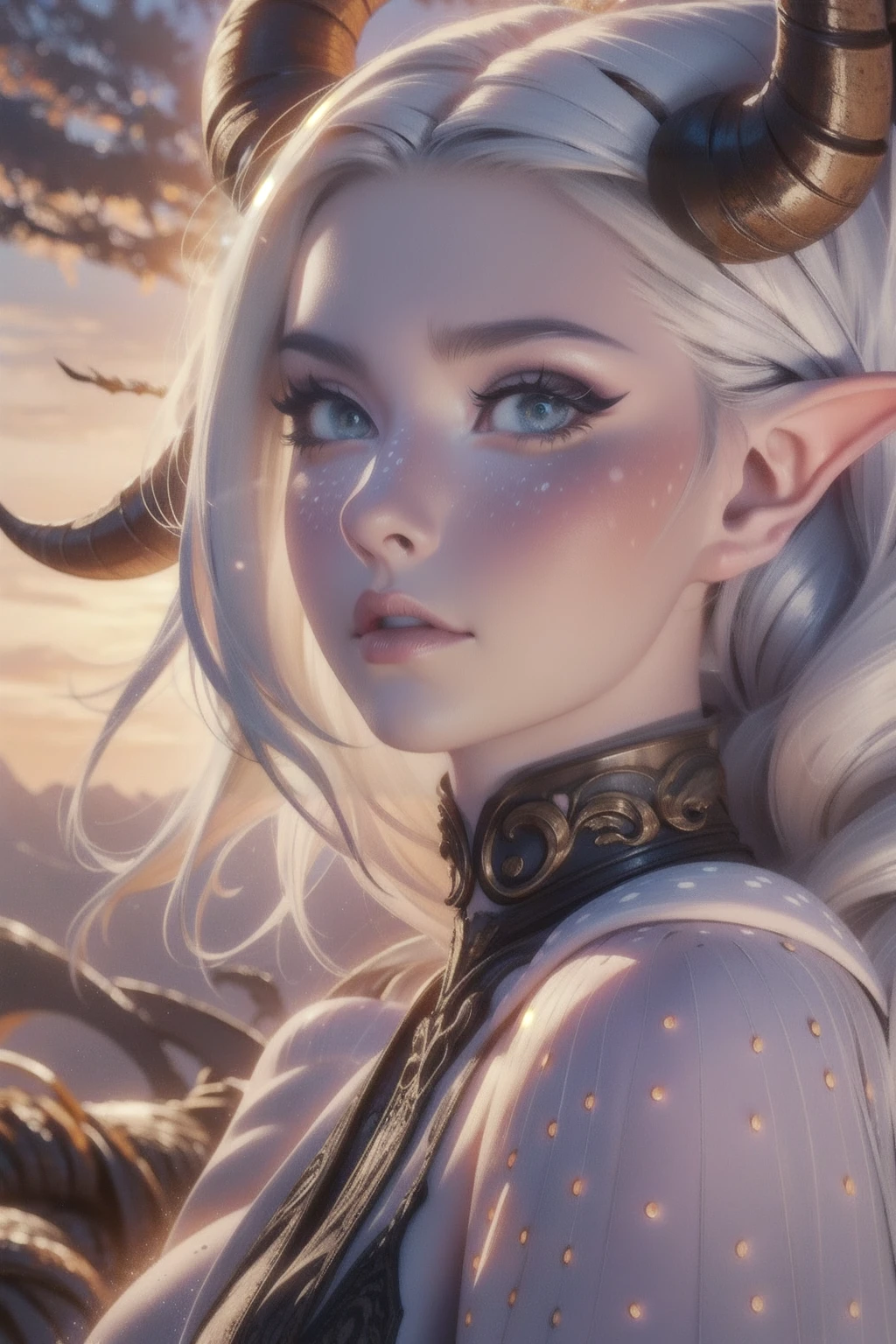 masterpiece, best quality, high quality, woman, faunmakeup, makeup, white spots, horns, pointy ears, dark upper lip, long white hair, on nature, extremely detailed face, intricate details, beautiful detailed eyes, beautiful detailed lips, ethereal, mystical, surreal, fantasy, glowing skin, dramatic lighting, cinematic, 8k, photorealistic