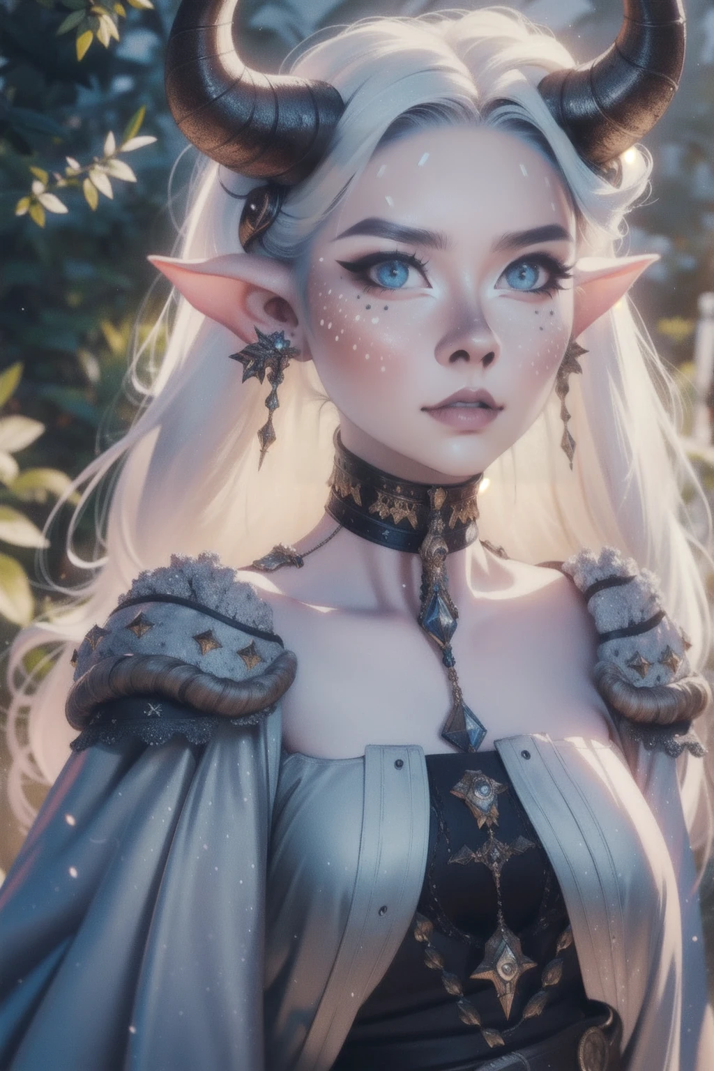 masterpiece, best quality, high quality, woman, faunmakeup, makeup, white spots, horns, pointy ears, dark upper lip, long white hair, on nature, extremely detailed face, intricate details, beautiful detailed eyes, beautiful detailed lips, ethereal, mystical, surreal, fantasy, glowing skin, dramatic lighting, cinematic, 8k, photorealistic