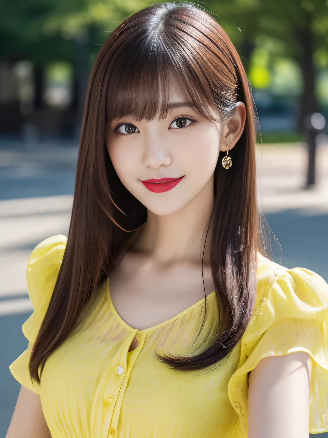 A close up of a woman with long hair wearing a yellow dress - SeaArt AI